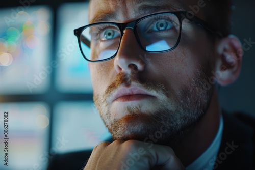 A consultant in a suit and glasses is looking directly at the camera in a modern office setting filled with charts and graphs © Ilia Nesolenyi