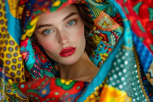 A closeup portrait of a woman with striking blue eyes wearing a vibrant, multicolored scarf, showcasing classic vintage fashion against a colorful cloth backdrop