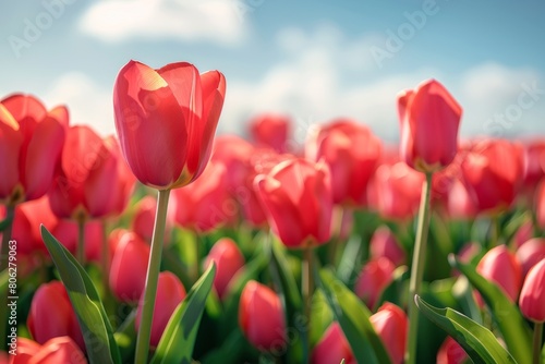 A field of red tulips blooming vibrantly under a clear blue sky