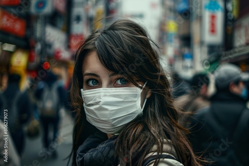 A woman walking on a busy city street wearing a protective face mask amidst a crowd of people © Ilia Nesolenyi