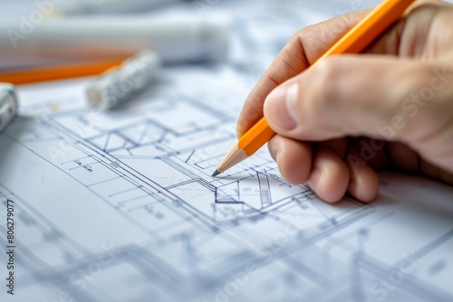 An architects hand holding a pencil, sketching precise lines on a blueprint