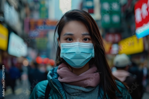 A woman walking through a crowded city street, wearing a face mask for protection against airborne pollutants © Ilia Nesolenyi