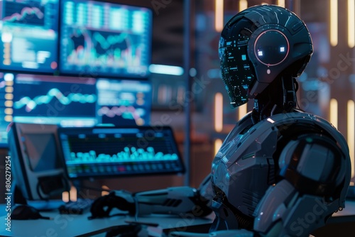 A futuristic office setting with a sleek metallic robot seated at a high-tech desk, its digital eyes focused on the computer monitor
