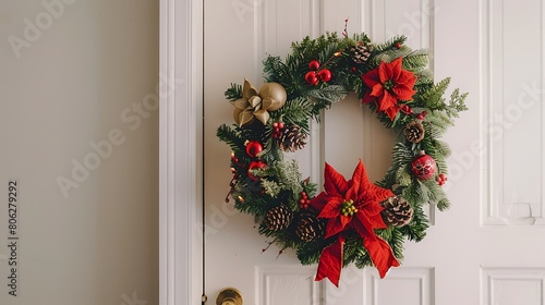 A traditional holiday wreath hanging on a white door, welcoming guests with seasonal charm. © muhammad