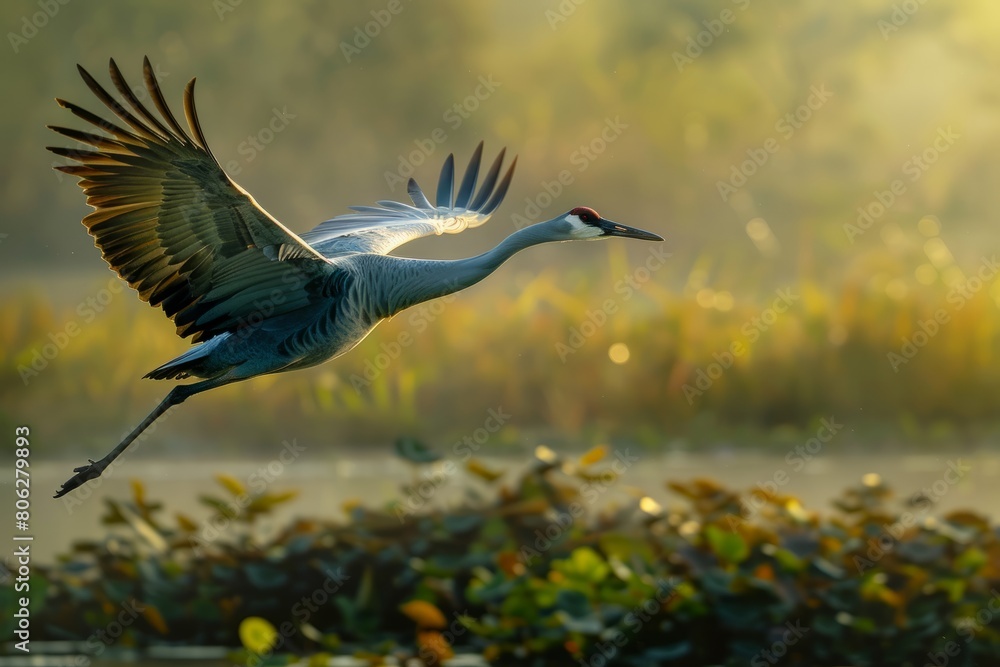 Fototapeta premium A crane gracefully flies over a body of water in lush wetlands, its wings spread wide