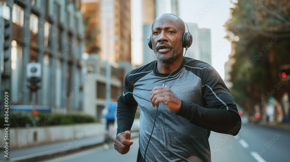Active senior black male athlete enjoying a run in an urban setting while listening to music through his headphones