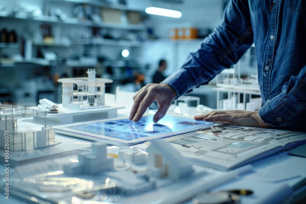 A man, an engineer, is focused on working on a digital blueprint on a tablet in a lab setting