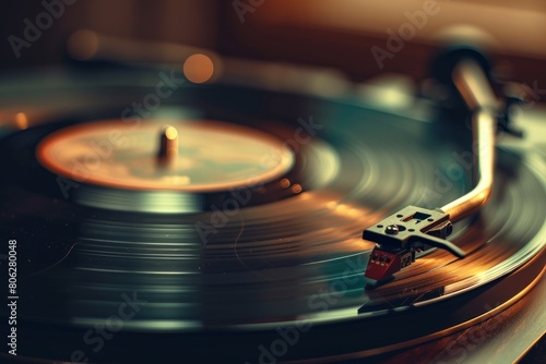 A vintage turntable with a copper stylus resting on a classic vinyl record, topped with a decorative clock