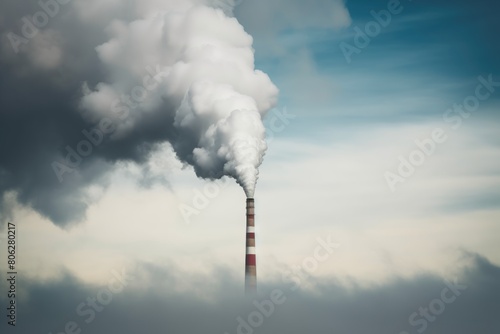 Industrial smokestack with a heavy outpour of smoke against a moody, cloudy sky, highlighting environmental pollution. Smokestack Polluting Air against Cloudy Sky