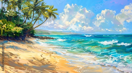A tranquil beach scene with golden sand  turquoise waters  and palm trees swaying in the breeze.