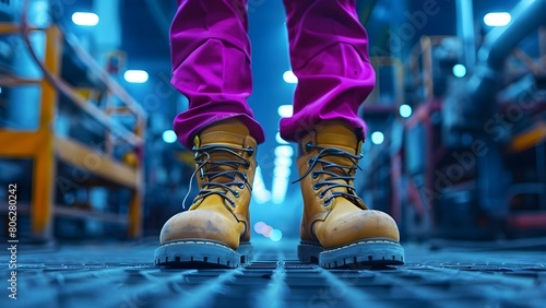 Worker equipped with safety shoes standing in factory prepared for duty. Concept Safety footwear, Factory worker, Ready for duty, Industrial setting, Workplace safety