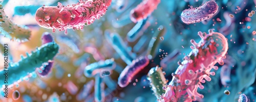 Microscopic view of cheerful bacteria performing a dance on a skin surface, pastel hues photo