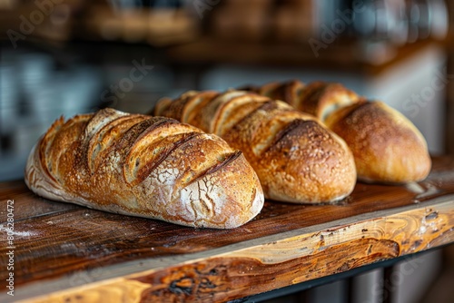 Several freshly baked loaves of bread arranged on a wooden table