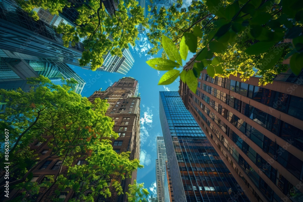 Looking up at towering skyscrapers in a bustling city, surrounded by lush greenery, capturing the essence of urban life