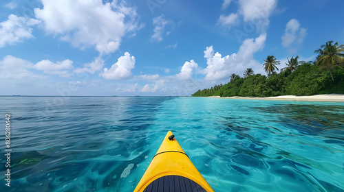 Bright yellow kayak glides across the crystal-clear waters of the maldives, with lush islands in the background © Frank Gärtner