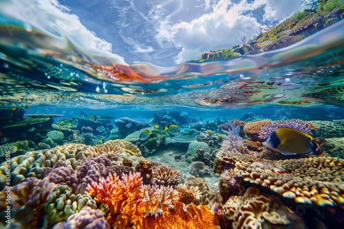 A colorful coral reef teeming with fish seen through clear water