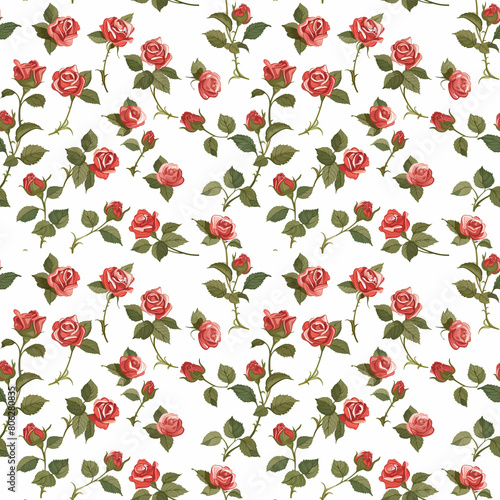 A design featuring a repetitive pattern of roses set against a white background.