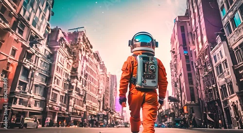 Animation of psychedelic sketch cartoon astronaut in the city Crazy colorful background photo