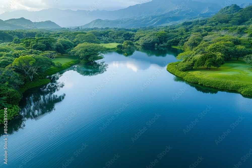 A tranquil lake nestled in the midst of lush green trees, with majestic mountains in the background