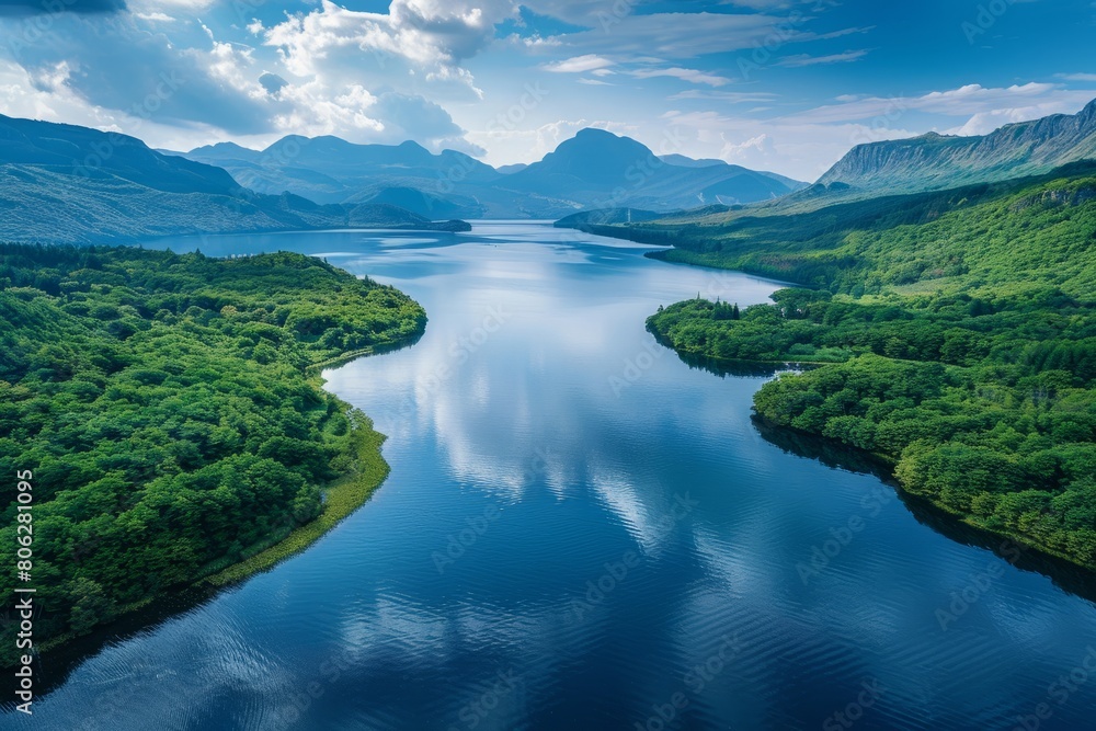 Aerial view of a vast lake nestled among towering mountains and lush greenery