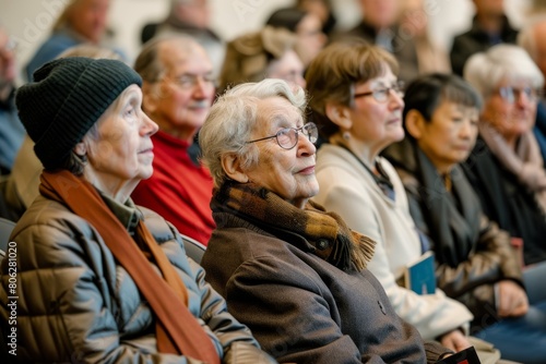 Diverse audience of elderly individuals sitting in a row at a daytime event