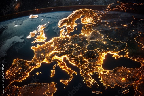 Aerial view showing glowing city lights of Europe at night as seen from space