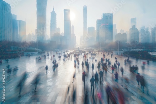 An aerial view of a bustling city boulevard filled with a large group of people briskly walking in an orderly manner