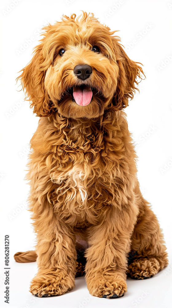 Fototapeta premium Cheerful golden doodle dog with a shaggy coat and a friendly expression sitting against an isolated white background