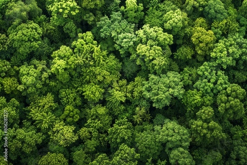 View from above of a thick forest with a mass of trees creating a green canopy covering the landscape © Ilia Nesolenyi