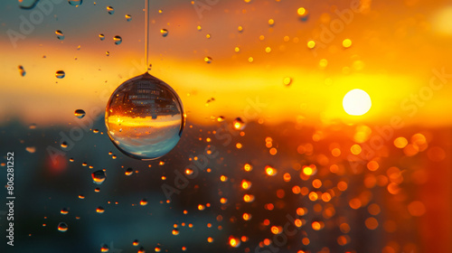 A close-up of a water droplet on a window pane refracts the world outside photo