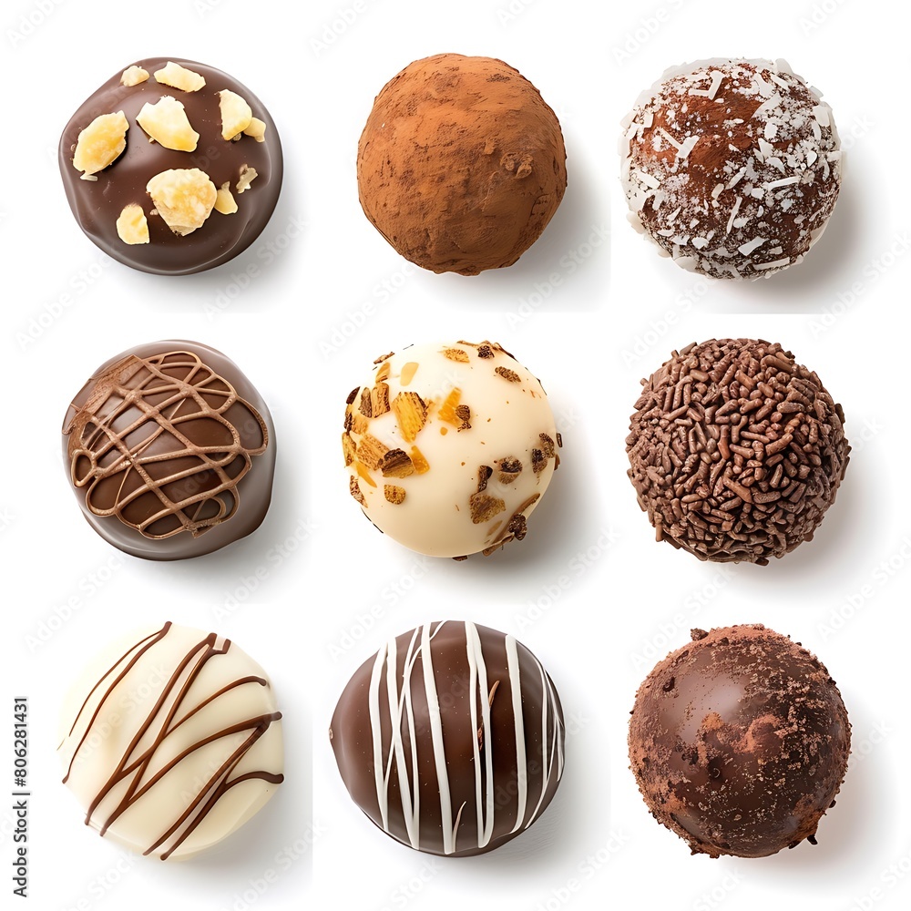 A collection of nine chocolates on a white background. A collection of nine chocolates on a white background.
