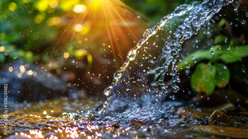 A splash of water from a waterfall catches the sunlight photo