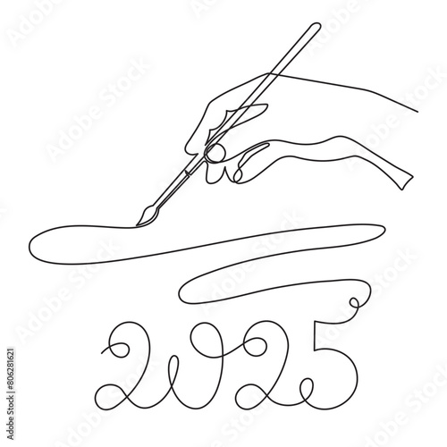 Hand writes 2025 one line art, hand drawn continuous contour. Holiday concept, festive New year handwriting text, minimalist design. Editable stroke. Isolated. Vector illustration