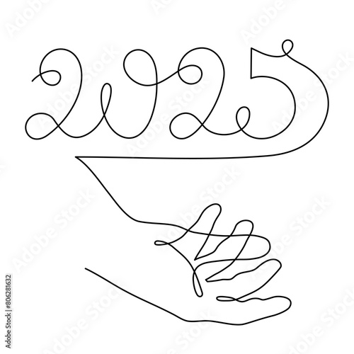 Hand holds 2025 one line art, hand drawn continuous contour. Holiday concept, festive New year handwriting text, minimalist design. Editable stroke. Isolated. Vector illustration