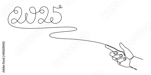 Hand holds 2025 one line art, hand drawn continuous contour. Holiday concept, festive New year handwriting text, minimalist design. Editable stroke. Isolated. Vector illustration