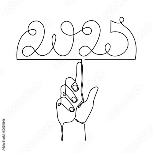 Hand holds 2025 one line art, hand drawn continuous contour. Holiday concept, festive New year handwriting text, minimalist design. Editable stroke. Isolated. Vector illustration