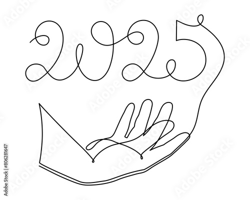 Hand holds 2025 one line art, hand drawn continuous contour. Holiday concept, festive New year handwriting text, minimalist design. Editable stroke. Isolated. Vector illustration