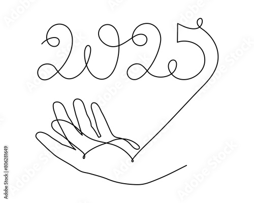 Hand holds 2025 one line art, hand drawn continuous contour. Holiday concept, festive New year handwriting text, minimalist design. Editable stroke. Isolated. Vector illustration