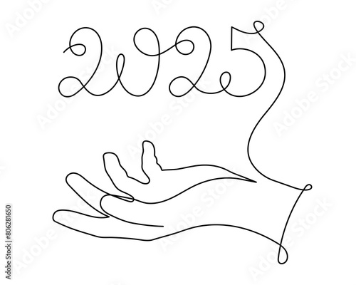Hand holds 2025 one line art, hand drawn continuous contour. Holiday concept, festive New year handwriting text, minimalist design. Editable stroke. Isolated. Vector illustration