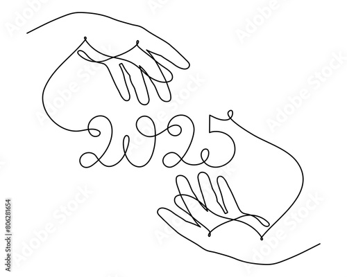 Hand holds 2025 one line art, hand drawn continuous contour. Holiday concept, festive New year handwriting text, minimalist design. Editable stroke. Isolated. Vector illustration
