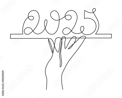Hand holds 2025 one line art, hand drawn continuous contour. Holiday concept, festive New year handwriting text, minimalist design. Editable stroke. Isolated. Vector illustration