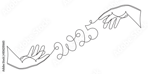Hand holds 2025 one line art, hand drawn continuous contour. Holiday concept, festive New year handwriting text, minimalist design. Editable stroke. Isolated. Vector illustration