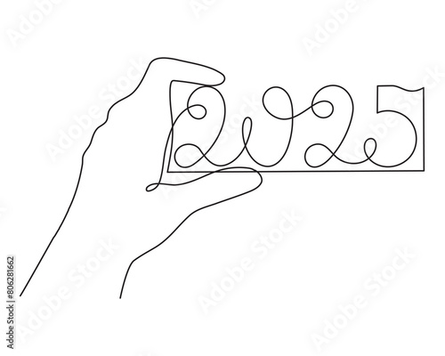 Hand holds 2025 one line art, hand drawn continuous contour. Holiday concept, festive New year handwriting text, minimalist design. Editable stroke. Isolated. Vector illustration