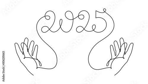 3500_200Hand holds 2025 one line art, hand drawn continuous contour. Holiday concept, festive New year handwriting text, minimalist design. Editable stroke. Isolated. Vector illustrati0backgroundblock