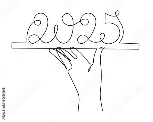 Hand holds 2025 one line art, hand drawn continuous contour. Holiday concept, festive New year handwriting text, minimalist design. Editable stroke. Isolated. Vector illustration