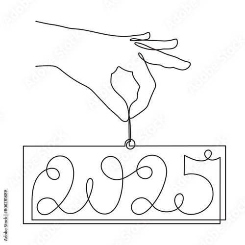 Hand holds 2025 one line art, hand drawn continuous contour. Holiday concept, festive New year handwriting text, minimalist design. Editable stroke. Isolated. Vector illustration