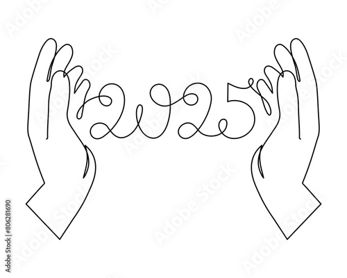 Hand holds 2025 one line art, hand drawn continuous contour. Holiday concept, festive New year handwriting text, minimalist design. Editable stroke. Isolated. Vector illustration