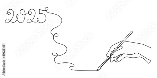 Hand writes 2025 one line art, hand drawn continuous contour. Holiday concept, festive New year handwriting text, minimalist design. Editable stroke. Isolated. Vector illustration