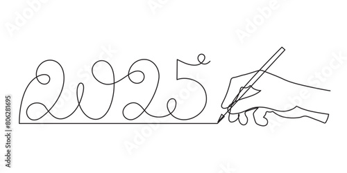Hand writes 2025 one line art, hand drawn continuous contour. Holiday concept, festive New year handwriting text, minimalist design. Editable stroke. Isolated. Vector illustration