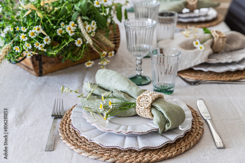 Shavuot table setting. Herbs table decorations for holidays and dinner